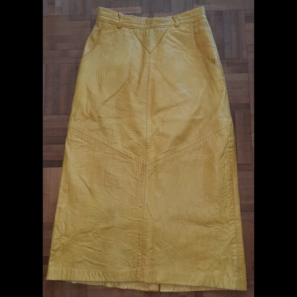 Yellow Midi Skirt - Structured A-Line Leather Look